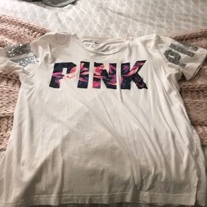 White shirt with flora and glitter writing